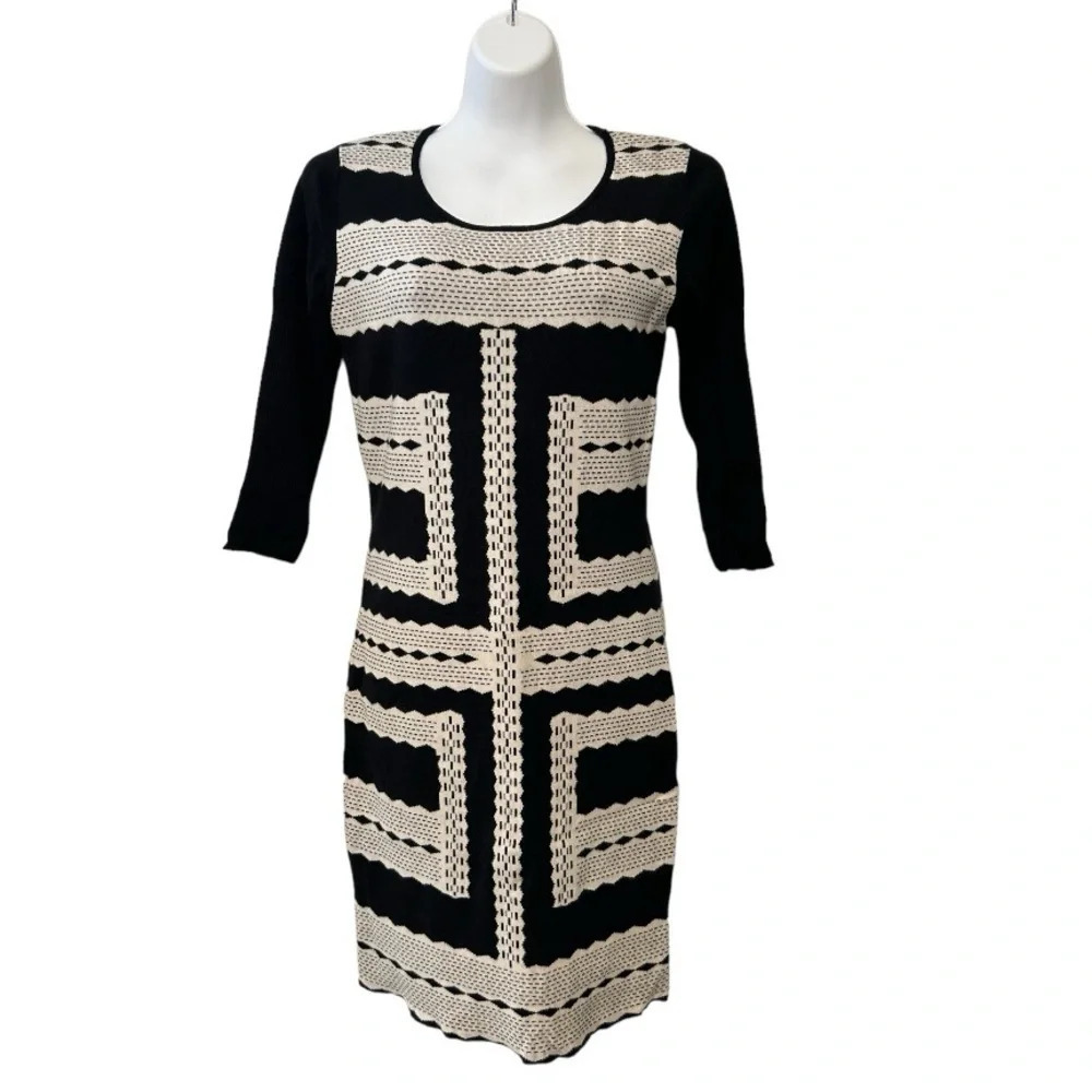 LAPIS Black/Tan Geometric Print Knit Pullover Sweater Dress Size Large